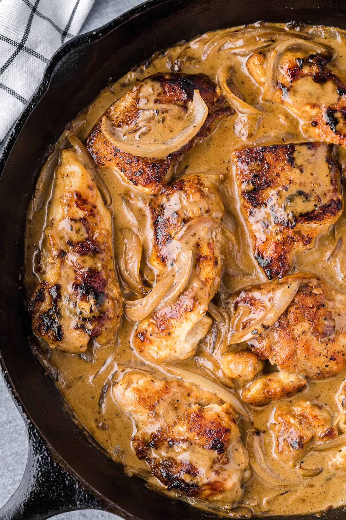 smothered chicken breasts in creamy onion gravy.