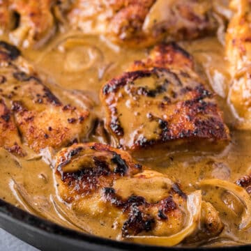 smothered chicken breasts in creamy onion gravy.