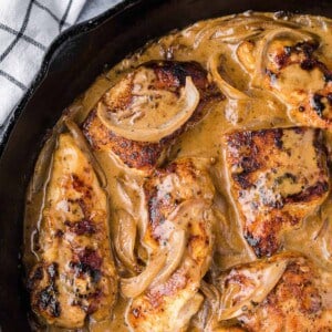 smothered chicken breasts in creamy onion gravy.