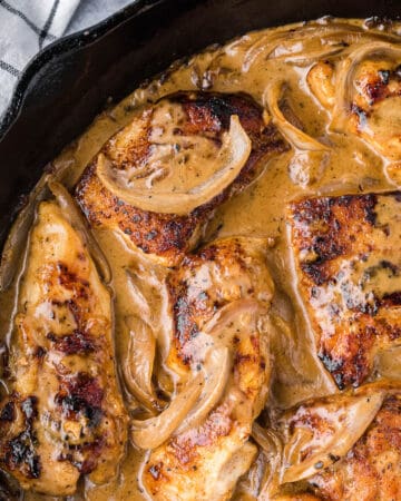 smothered chicken breasts in creamy onion gravy.