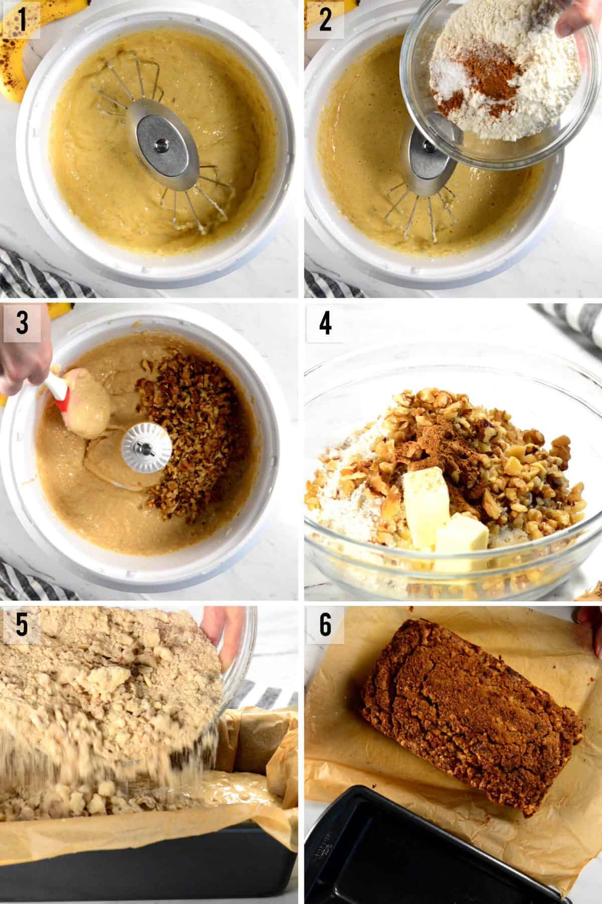 process photos of how to make Sour Cream Banana Nut Bread with streusel topping