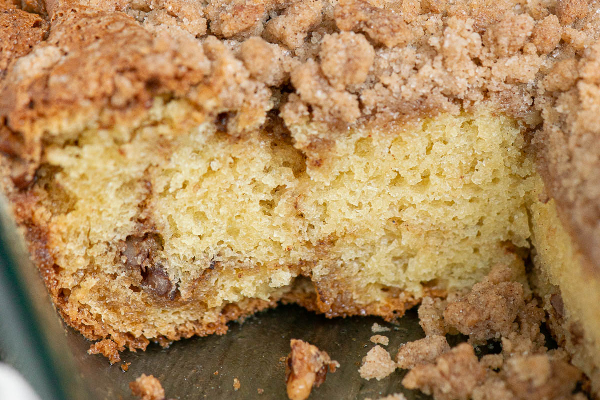 showing how moist inside of coffee cake is in pan.