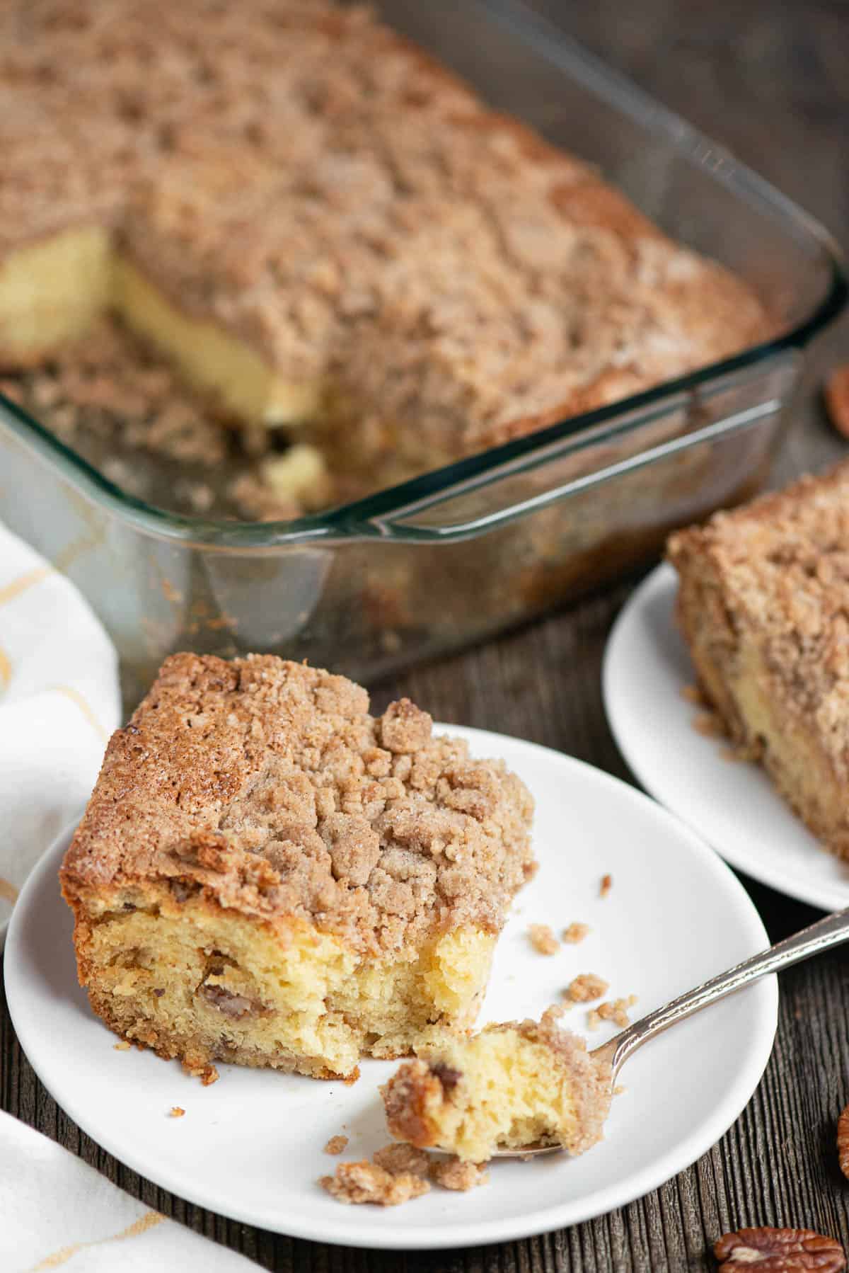 serving of homemade coffee cake with bite.