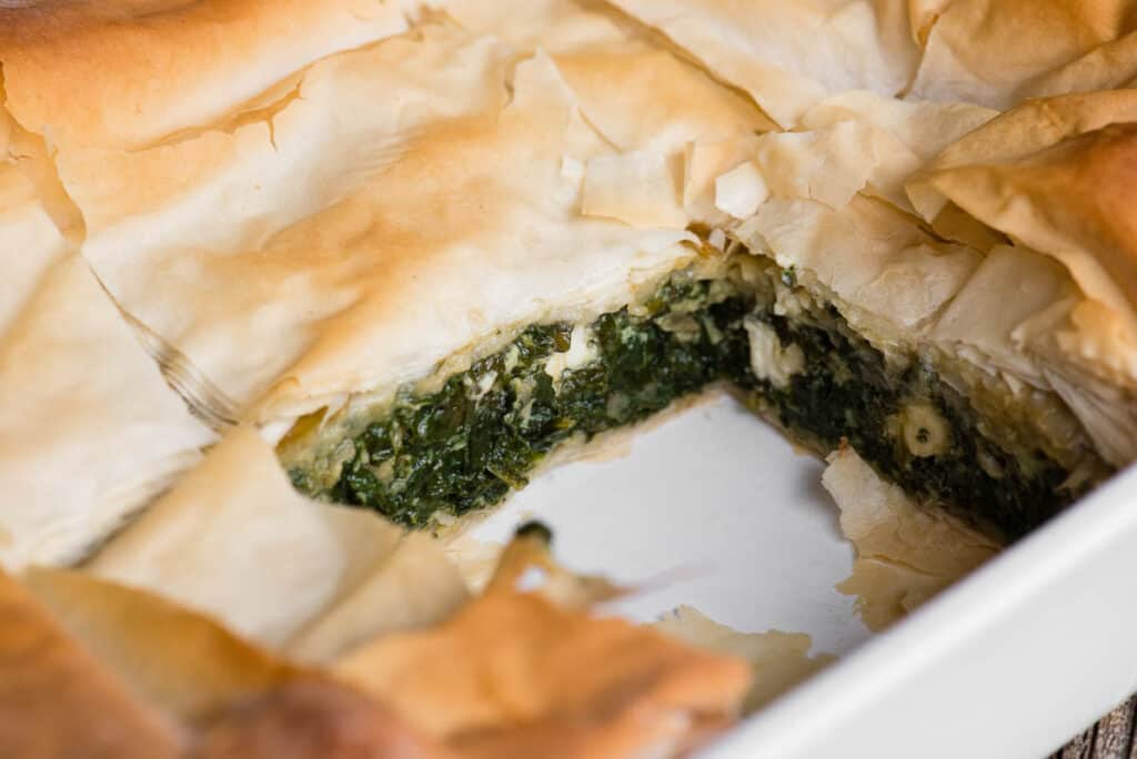 close up of filling in Greek Spinach Pie