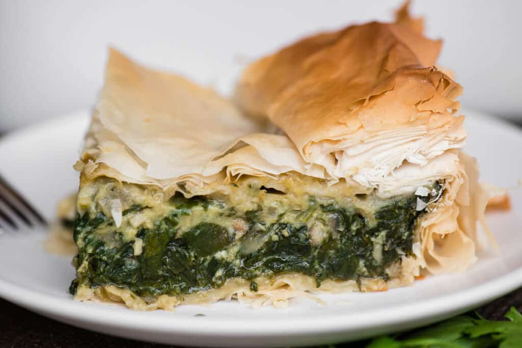 close up of homemade Spanakopita made with fresh spinach