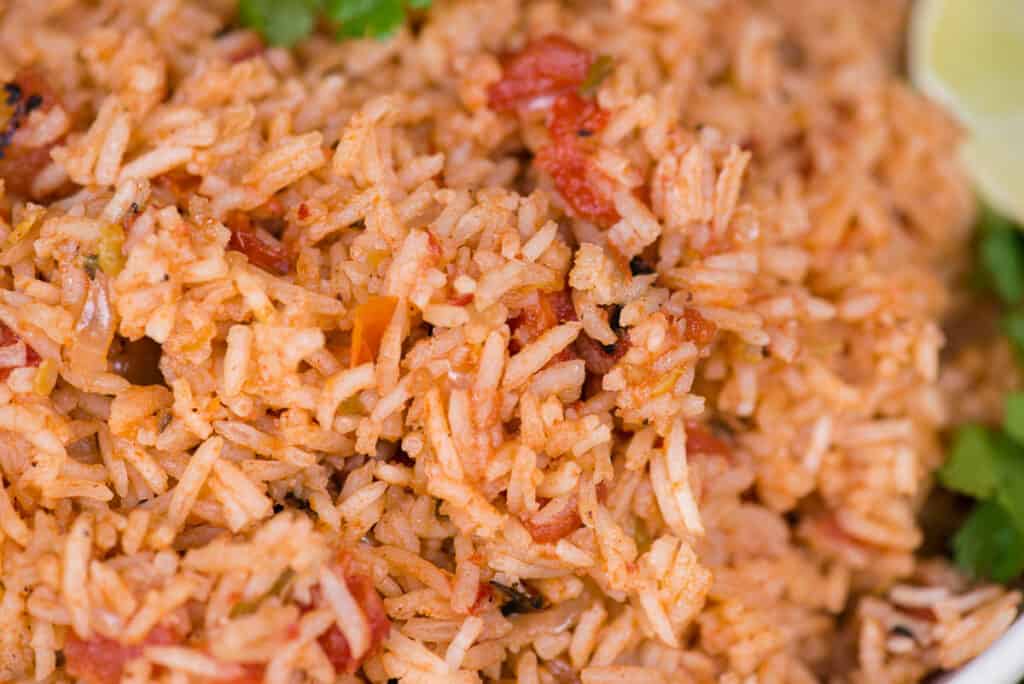 close up of homemade Spanish rice.