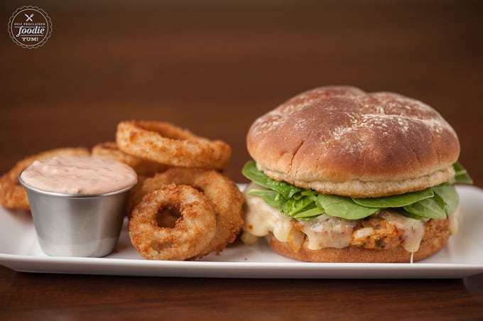 turkey burger with a side of onion rings