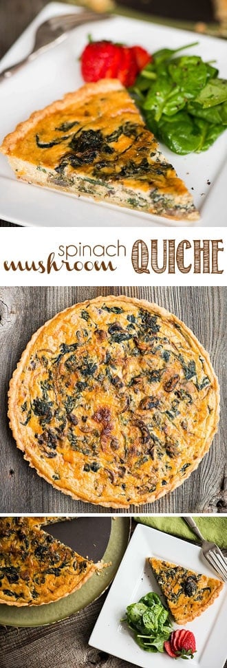 Mushroom Spinach Quiche is a rich and savory meal baked in an all butter pie crust. This homemade quiche recipe is perfect as breakfast or lunch when served with lightly dressed greens. #quiche #spinachquiche #mushroomspinachquiche #savory #breakfast