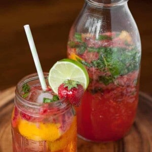 strawberry basil cocktail on wooden board