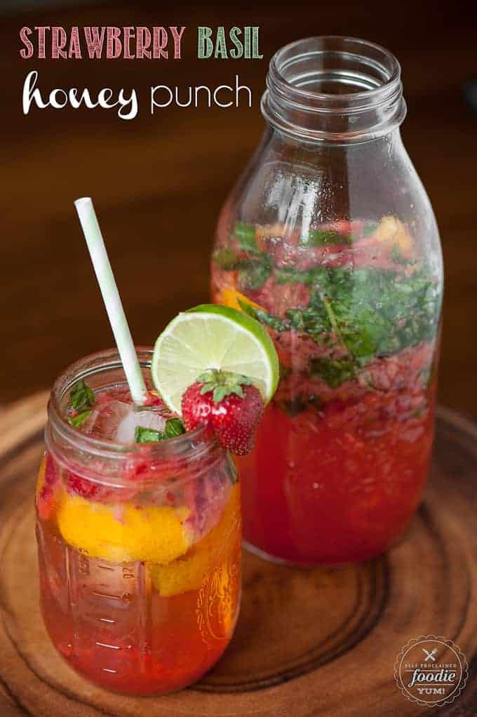 strawberry basil cocktail on wooden board