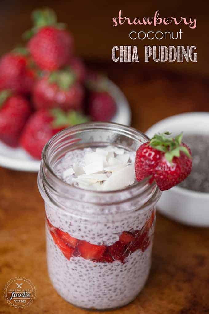 strawberry coconut chia pudding in a glass
