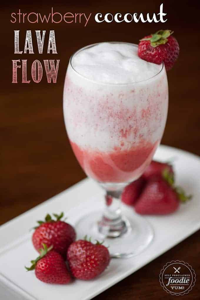 blended strawberry coconut drink in glass