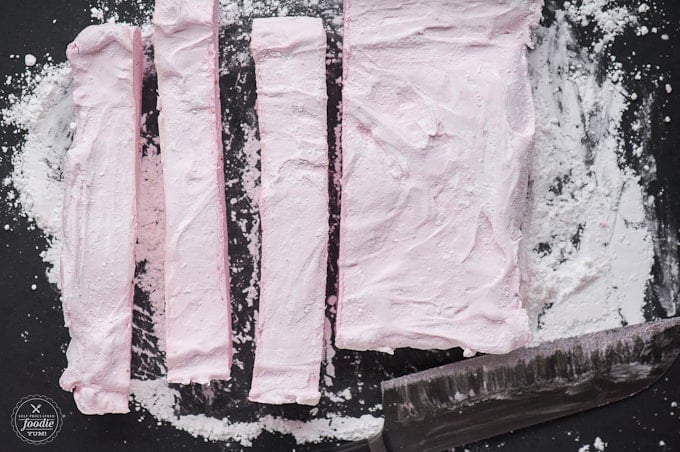 strawberry marshmallows cut in rows