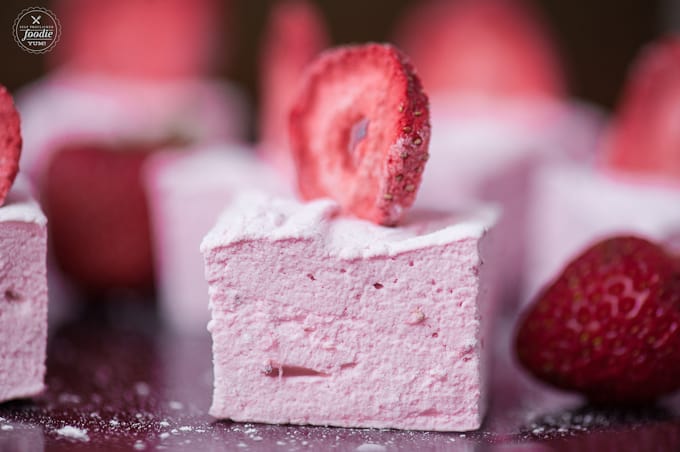 A close up of a strawberry marshmallow