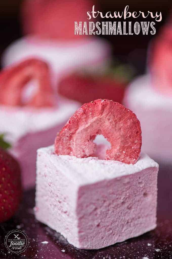 a close up of a marshmallow with a freeze dried strawberry in it