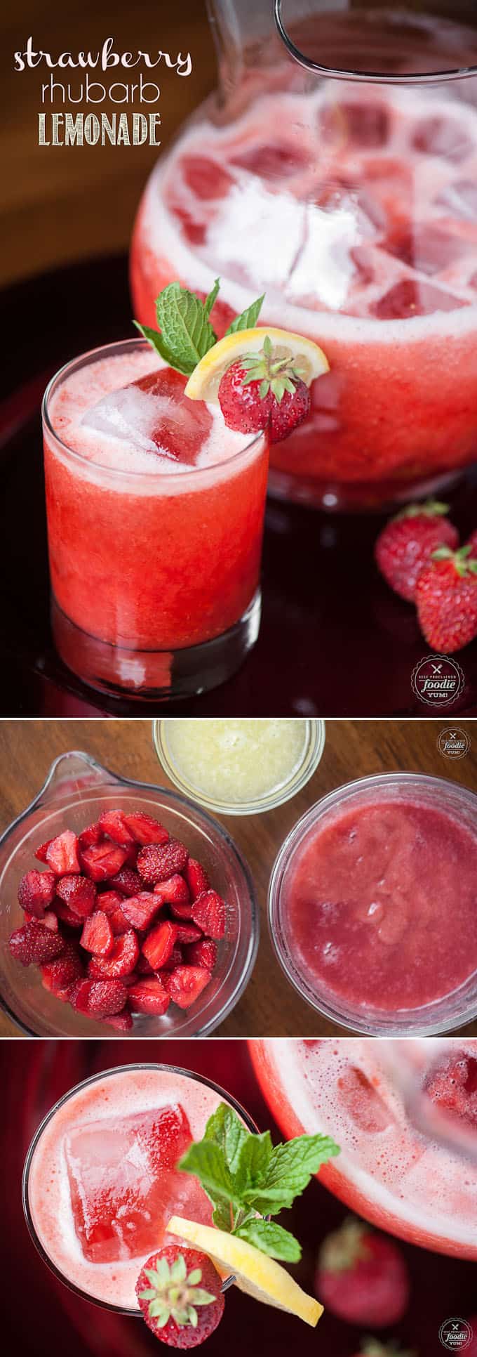 Strawberry Rhubarb Lemonade is perfectly sweet and equally tart. Freshly squeezed lemon blended with fresh strawberries and a homemade rhubarb simple syrup is the ultimate kid friendly summer drink and will quench any thirst. Add a splash of vodka or your favorite booze for an adult-only version! #lemonade #strawberry #rhubarb #strawberryrhubarb #strawberryrhubarblemonade
