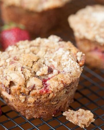 Indulge in this naughty summer treat. Strawberry Rhubarb Streusel Muffins are made with fresh strawberries and tart rhubarb wrapped in a brown sugar batter.
