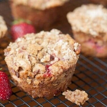 Indulge in this naughty summer treat. Strawberry Rhubarb Streusel Muffins are made with fresh strawberries and tart rhubarb wrapped in a brown sugar batter.
