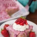 strawberry shortcake poke cake on a plate