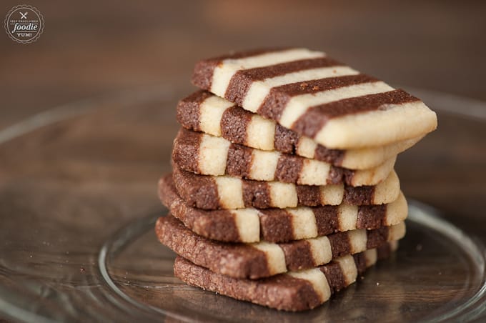 A close up of striped chocolate cookies