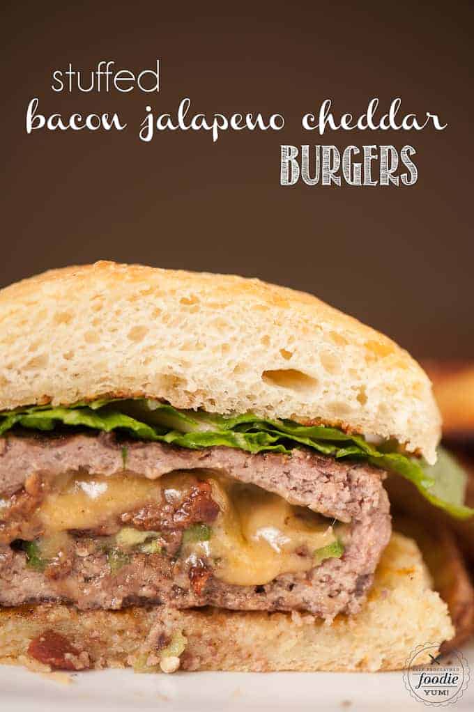 A close up of a stuffed bacon jalapeno cheddar burgers