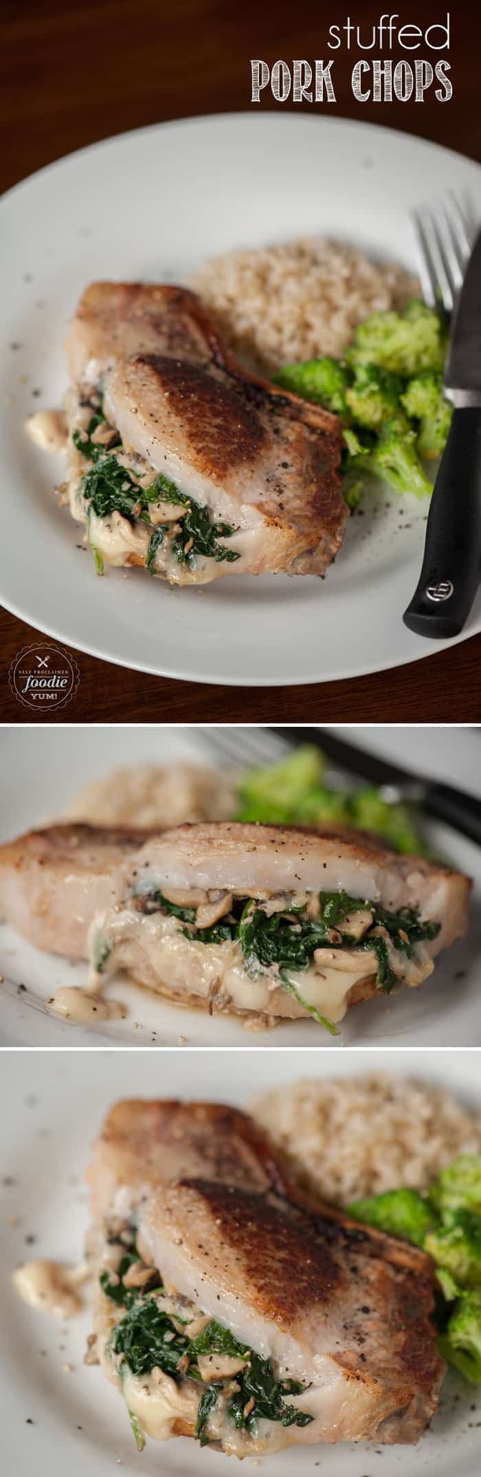 Stuffed Pork Chops with bone in pork chops, spinach, mushrooms, and provolone make for a moist and delicious weeknight family dinner.