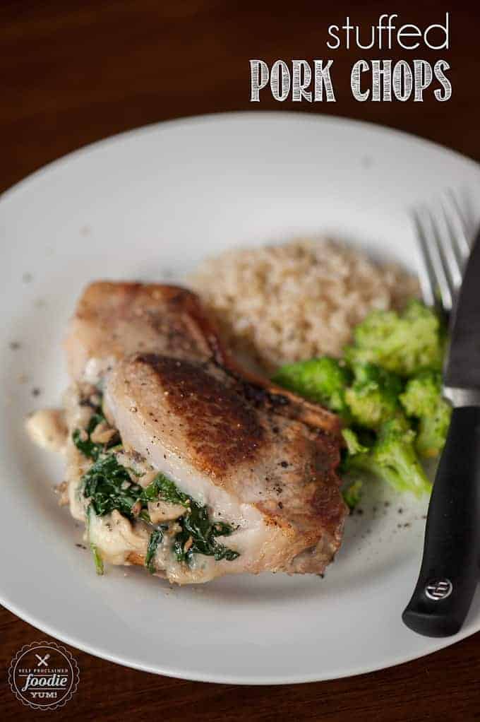 stuffed pork chop on plate with broccoli and rice