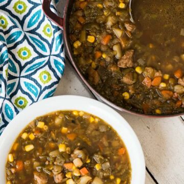 My Green Chile Stew, made with New Mexican roasted Hatch green chile, pork tenderloin, potatoes and corn, is the ultimate spicy and healthy comfort food!