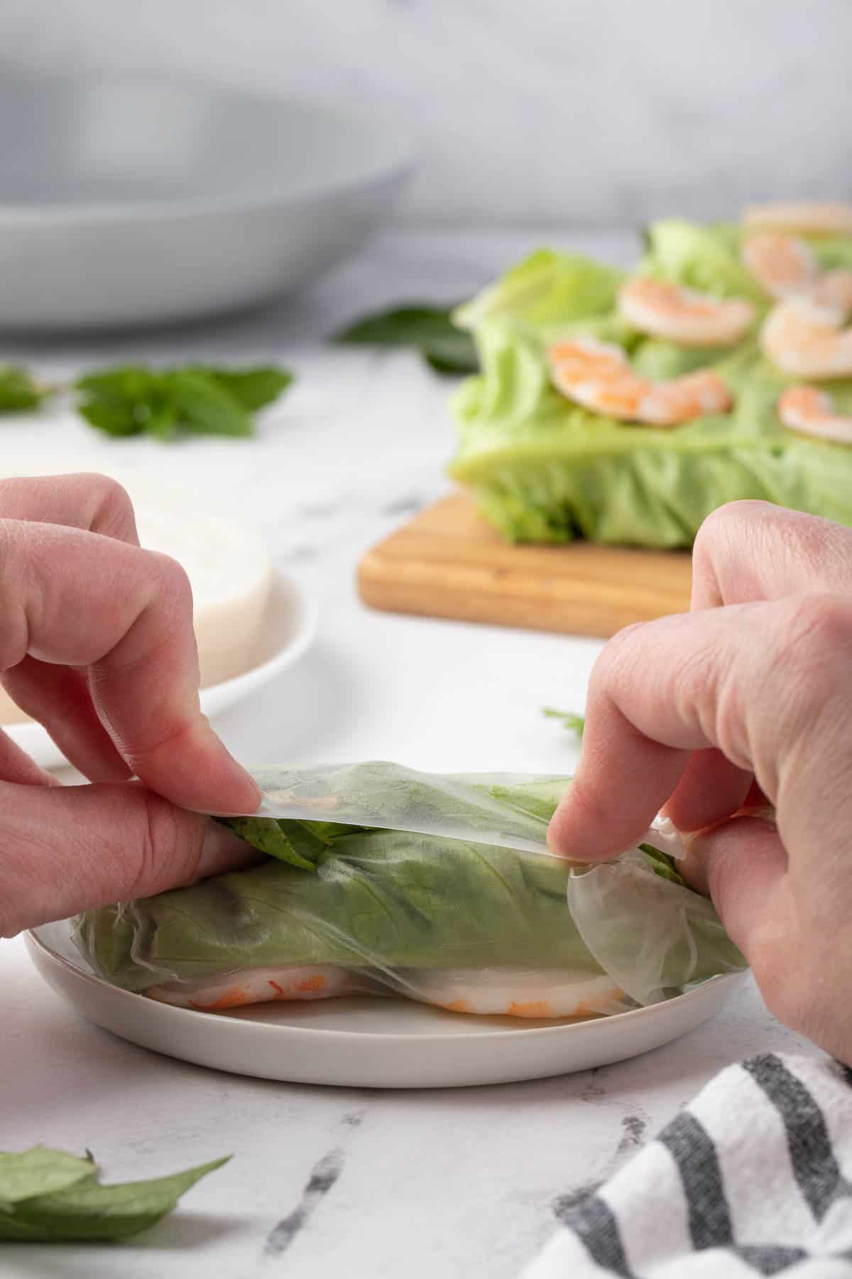 how to roll a Vietnamese summer roll.