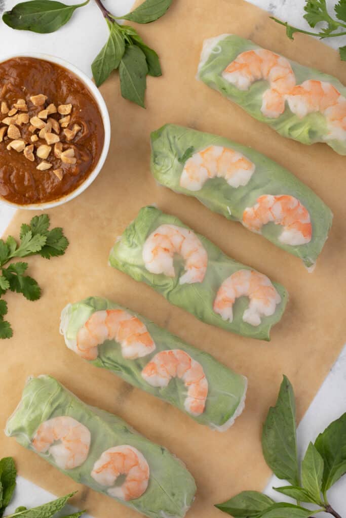 Homemade summer rolls with peanut sauce.