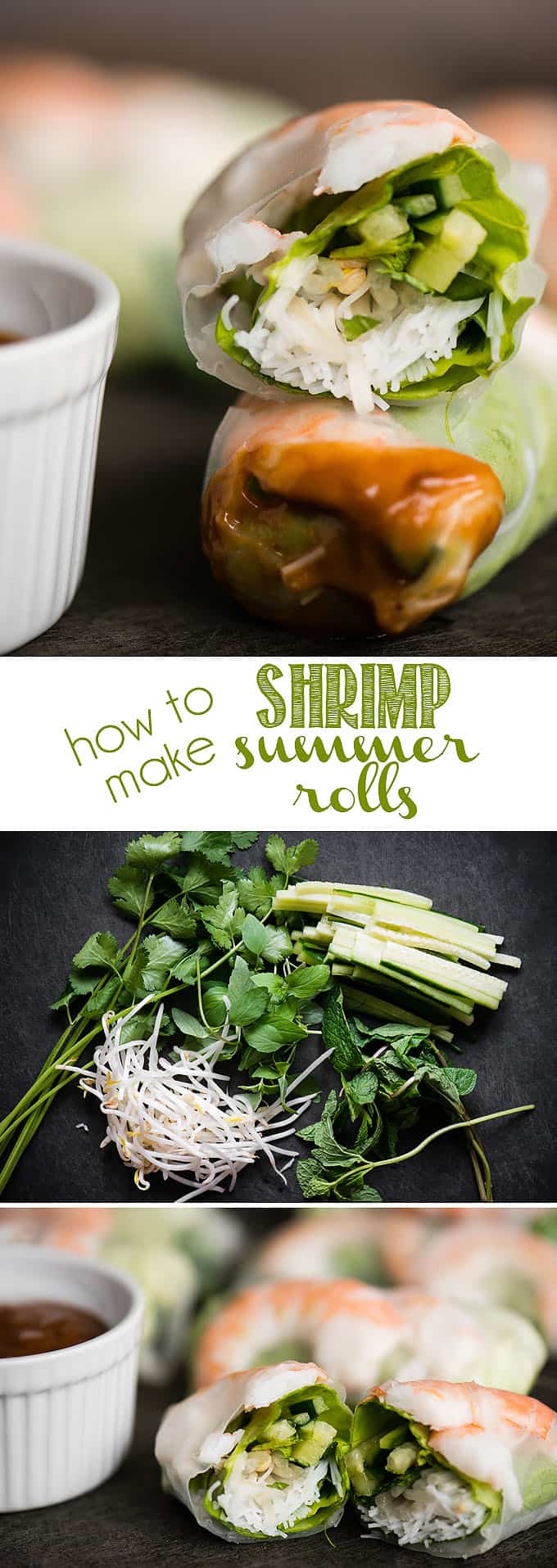 Summer Rolls, with poached shrimp, vermicelli noodles, fresh vegetables and herbs, wrapped up tightly in rice paper and served with homemade peanut sauce are downright delicious. They are actually very simple to make and are quite addicting. Impress your friends and family by making these tasty Summer Rolls! #summerrolls #springrolls #shrimp #shrimpsummerrolls #ricenoodles