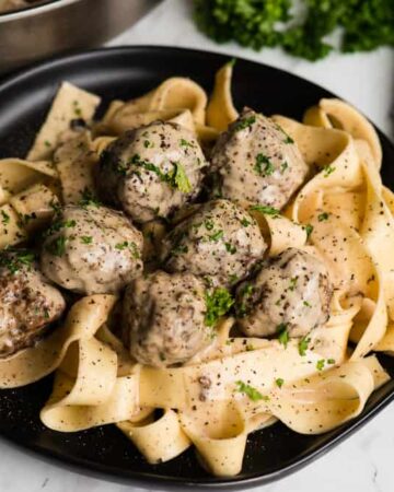 plate of Swedish Meatball Pasta with cream sauce