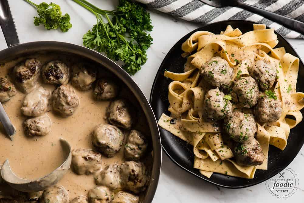 homemade swedish meatballs over pasta