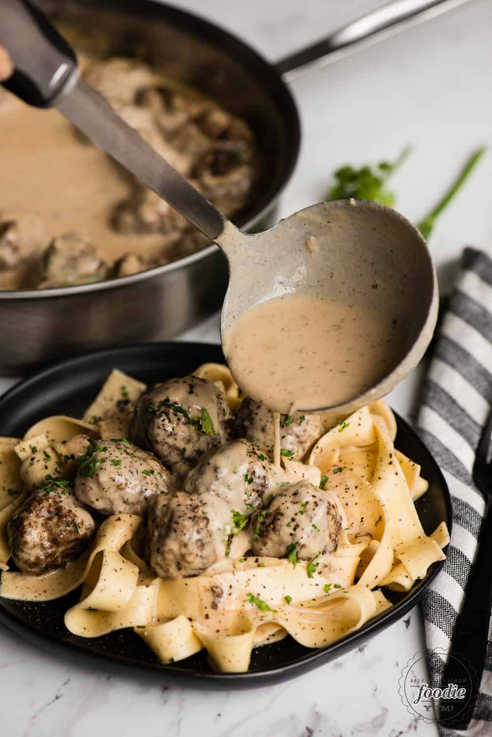 Swedish Meatball Pasta with cream sauce on top