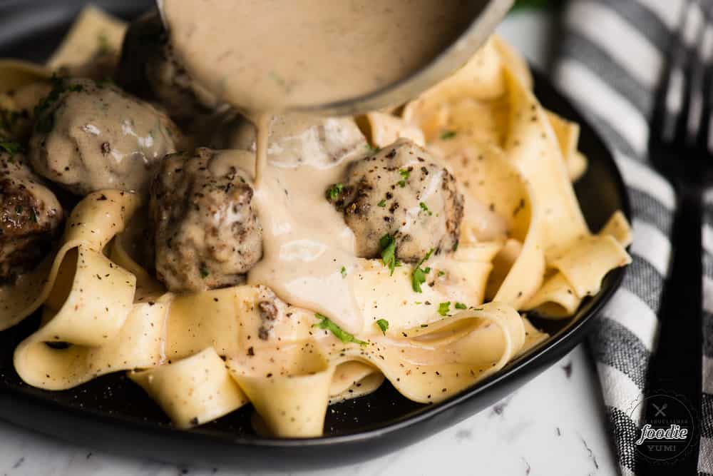 Swedish Meatball Pasta smothered in cream sauce