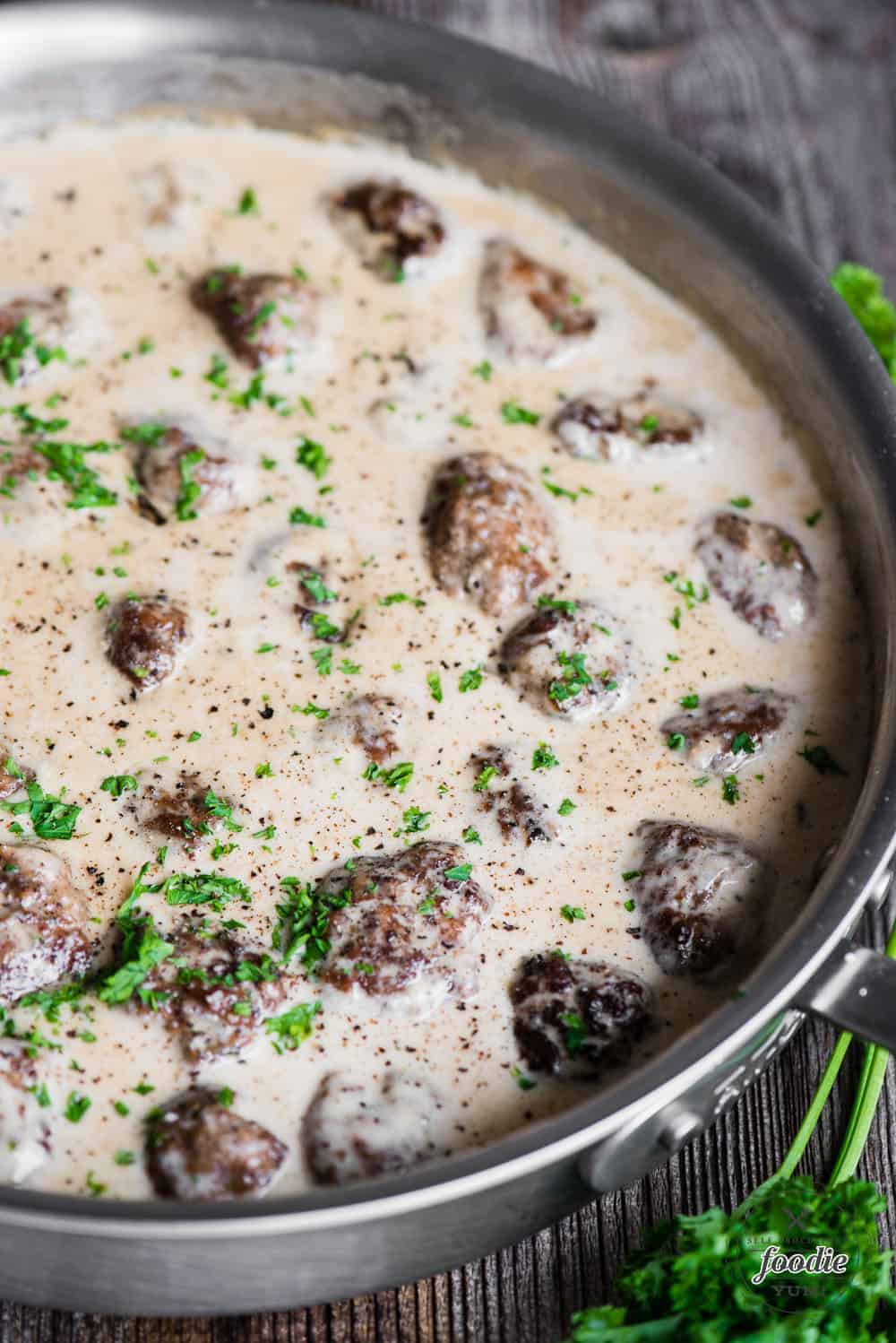 pan of homemade swedish meatballs