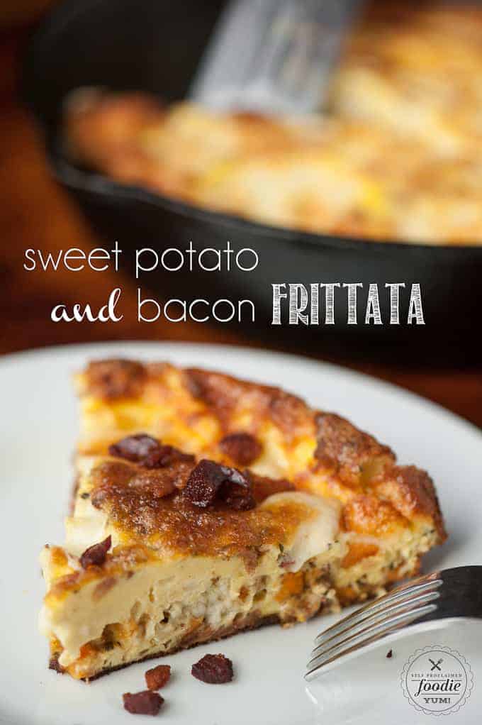 a slice of sweet potato and bacon frittata