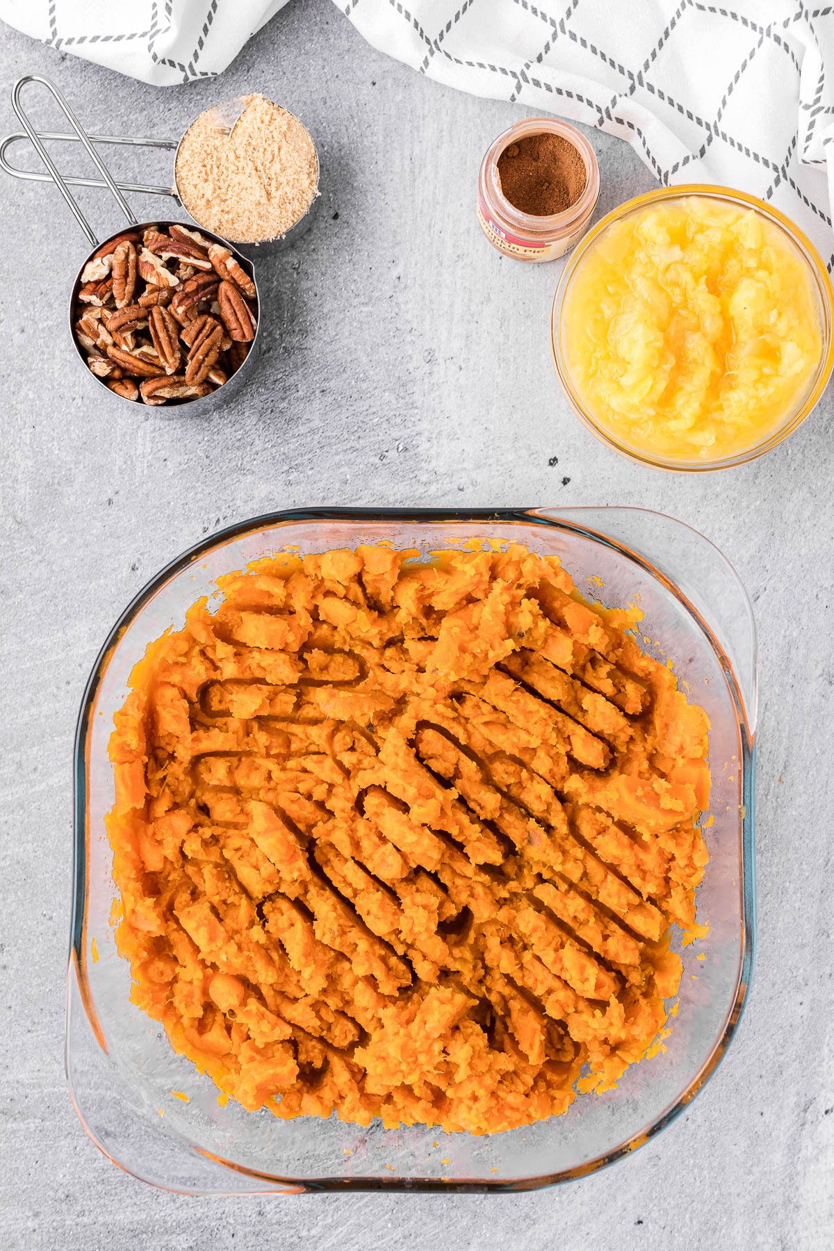 mashed sweet potatoes in casserole dish