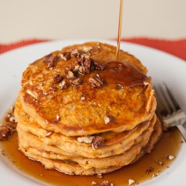 Homemade buttermilk Sweet Potato Pancakes are easy to make and make a perfect breakfast on a crisp fall morning when served with warm pure maple syrup.