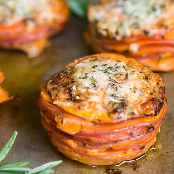 Sweet Potato Stacks make a fantastic vegan fall side dish because the thinly sliced sweet potatoes coated in coconut oil cook up in just minutes!