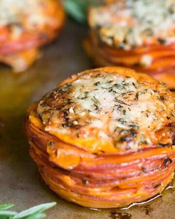 Sweet Potato Stacks make a fantastic vegan fall side dish because the thinly sliced sweet potatoes coated in coconut oil cook up in just minutes!