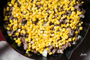 ground beef and corn for Tater Tot Hot Dish