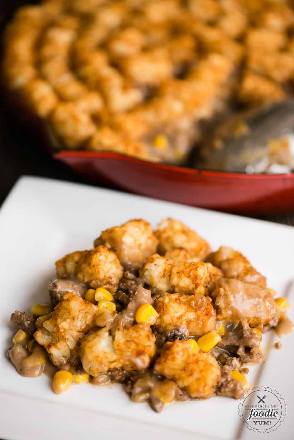 Tater Tot Hot Dish on white plate