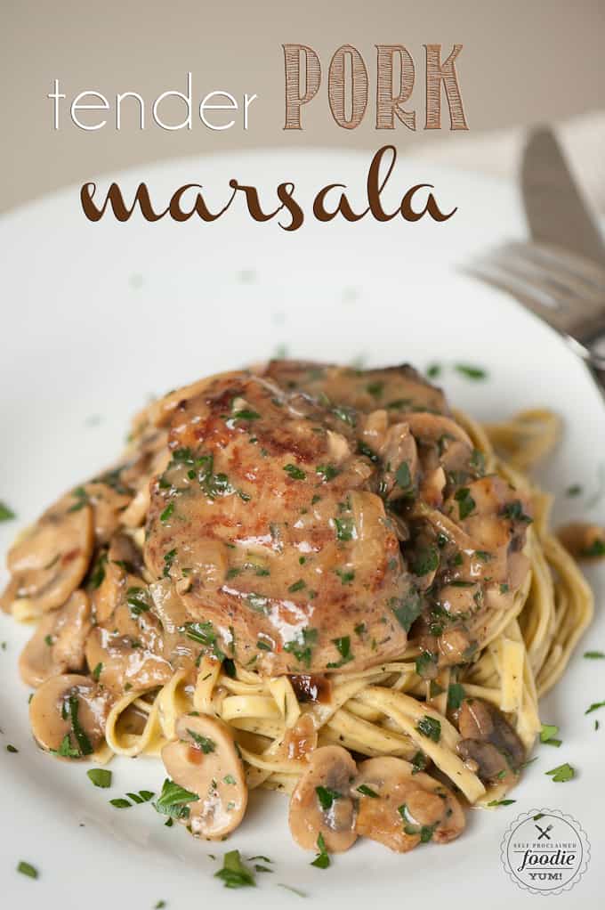 Pork marsala with mushrooms and shallots over pasta