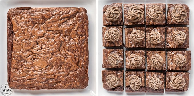 Pan of cooked brownies next to cut and frosted brownies