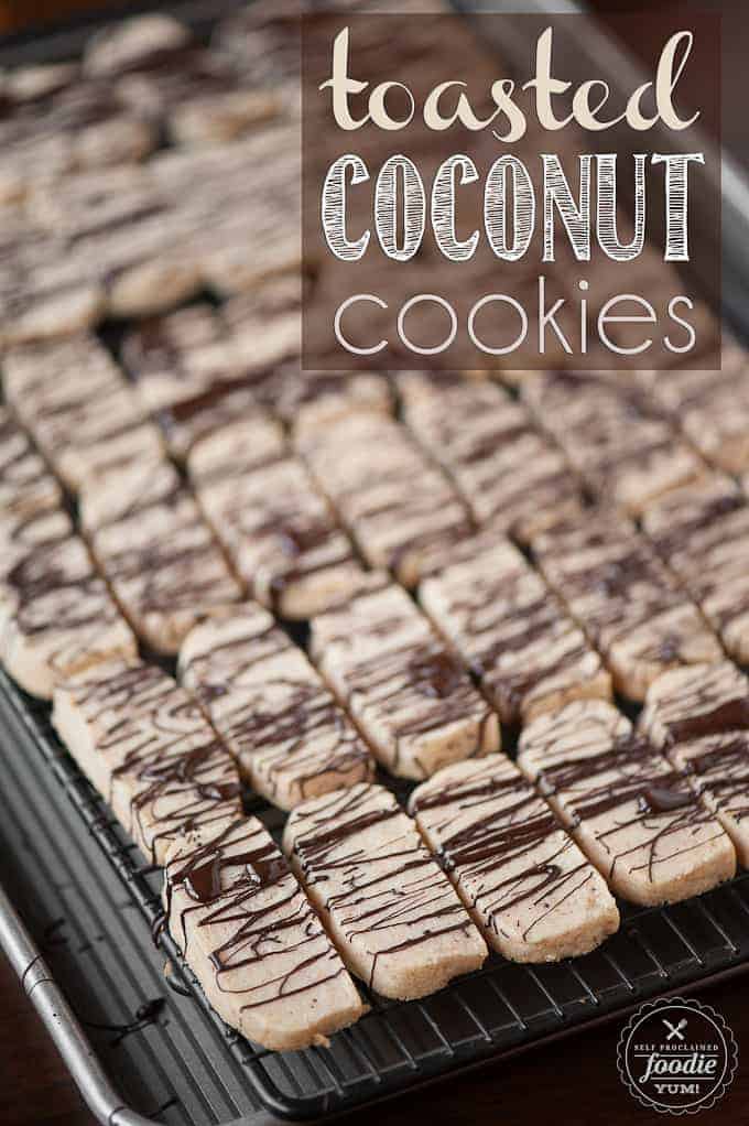 coconut cookies drizzled with chocolate 