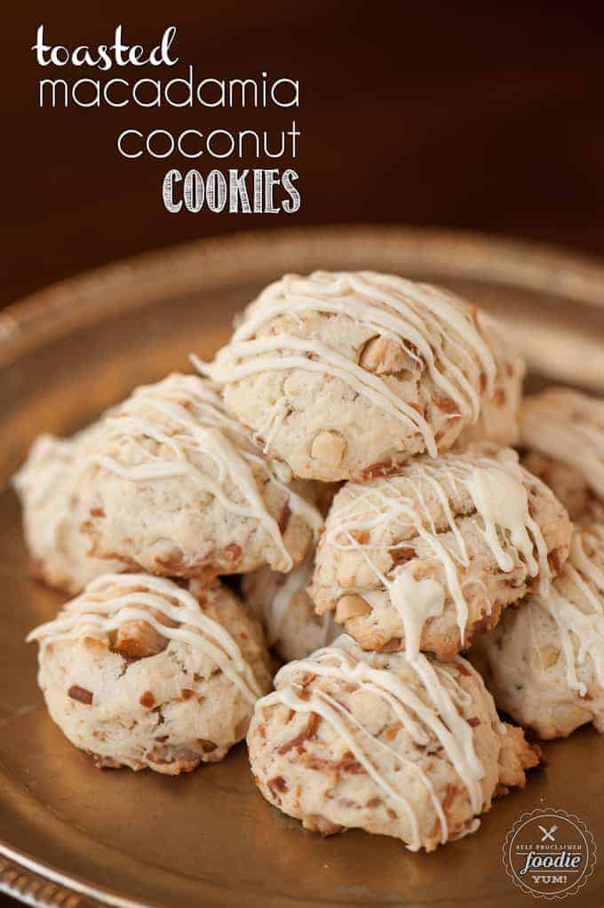 a pile of toasted macadamia coconut cookies