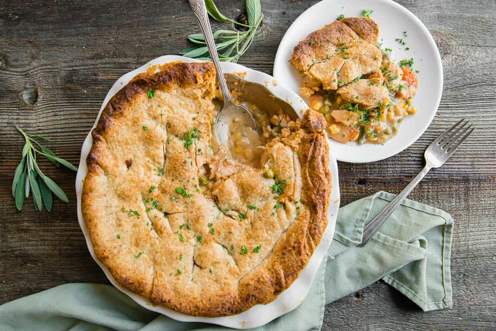 top of a pot pie filled with leftover turkey