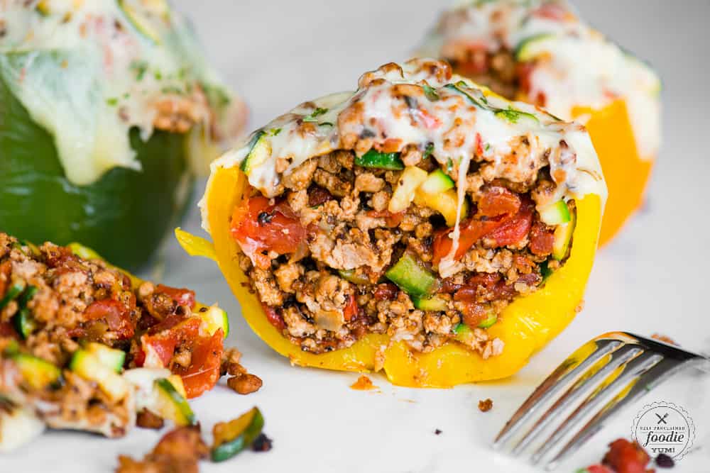 yellow stuffed pepper with ground turkey zucchini and tomato