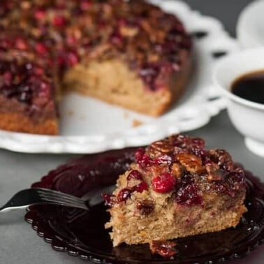 Serve up this sweet homemade Upside Down Cranberry Coffee Cake with a hot cup of freshly brewed coffee for the perfect breakfast this holiday season.